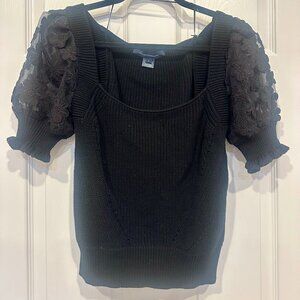 FRENCH CONNECTION Women's Black Short Puff Lace Sleeve Rib Cotton Sweater Size L